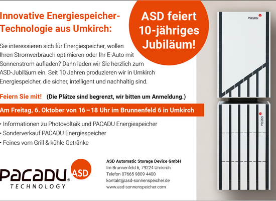 Feiern Sie mit: Am Freitag, 6. Oktober 2023 in Umkirch. Infos zu Photovoltaik und Stromspeichern, Sonderverkauf Energiespeicher, Grill und Getränke.