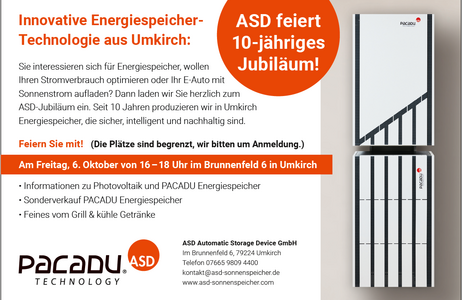 Feiern Sie mit: Am Freitag, 6. Oktober 2023 in Umkirch. Infos zu Photovoltaik und Stromspeichern, Sonderverkauf Energiespeicher, Grill und Getränke.